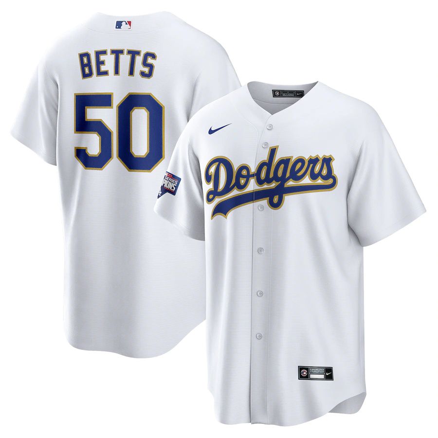 Mens Los Angeles Dodgers 50 Mookie Betts Nike White Gold 2021 Gold Program Replica Player MLB Jerseys